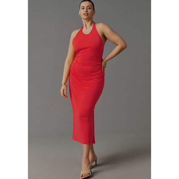 Anthropologie NWT Slinky Knit Cherry Tomato Red Halter Midi Dress XL